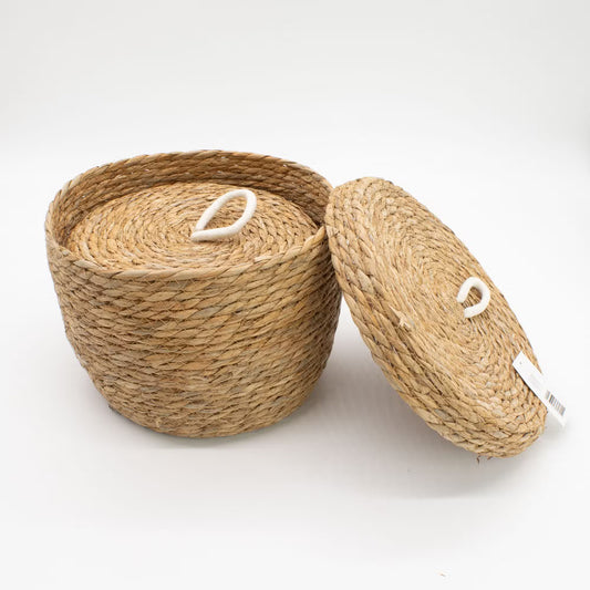 Paniers ronds jonc mer coton couvercle naturel lot 3