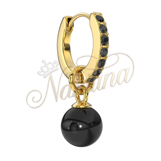 Boucles d'Oreilles Brooklyn Or Perles Noires 12mm - Acier Inoxydable