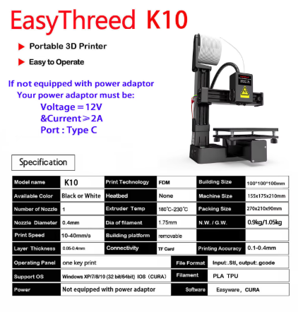 Imprimante 3D EasyThreed — Compatible PLA & TPU, Filament 1,75mm