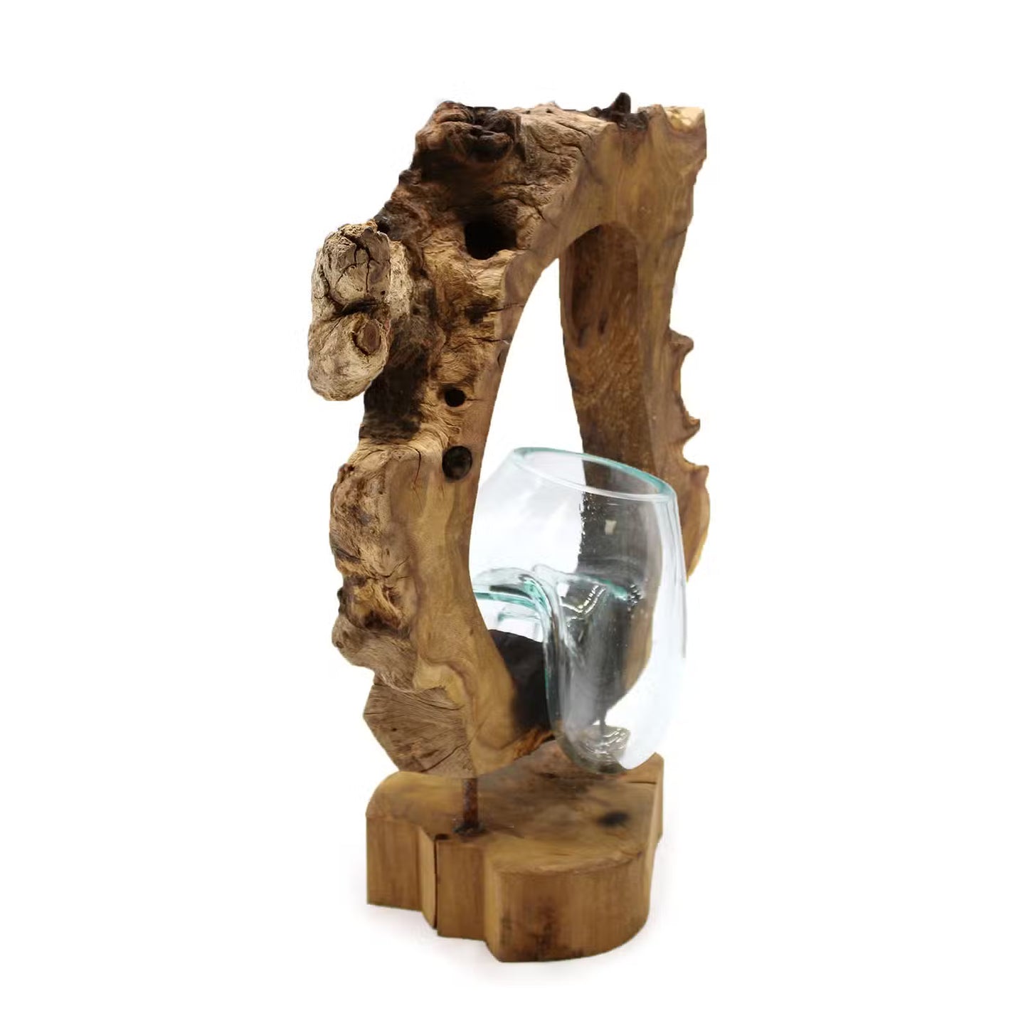 Vase suspendu en verre soufflé sur bois