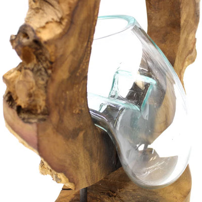 Vase suspendu en verre soufflé sur bois