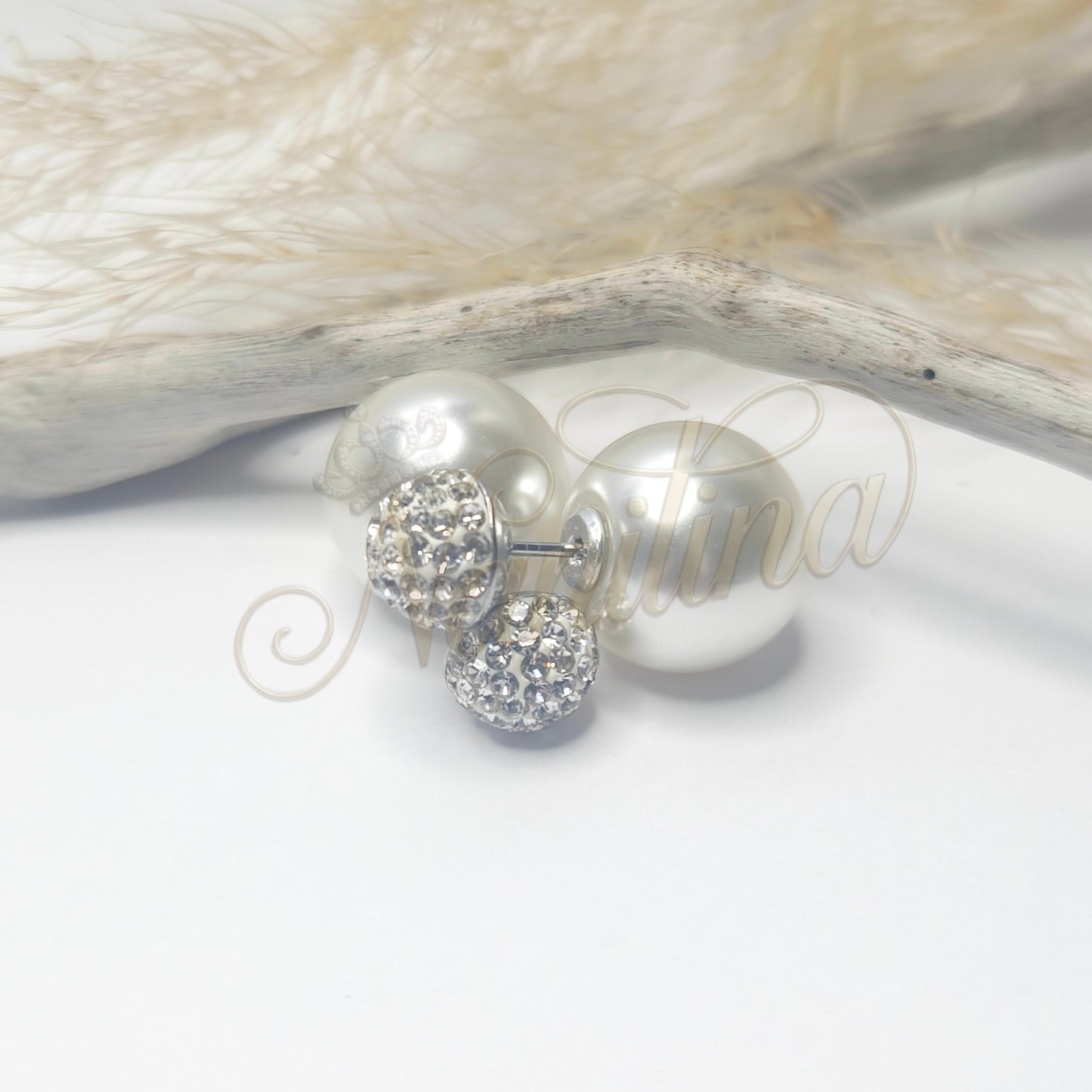 Boucles d'Oreilles Double Boule 8mm/14mm - Perle Blanche Cristal