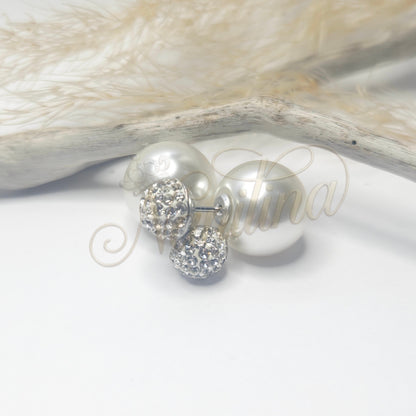 Boucles d'Oreilles Double Boule 8mm/14mm - Perle Blanche Cristal