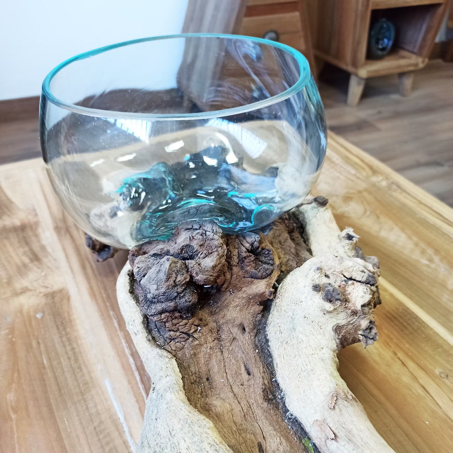 Présentoir double verre soufflé sur bois - 70 cm