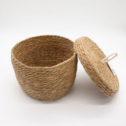 Paniers ronds jonc mer coton couvercle naturel lot 3