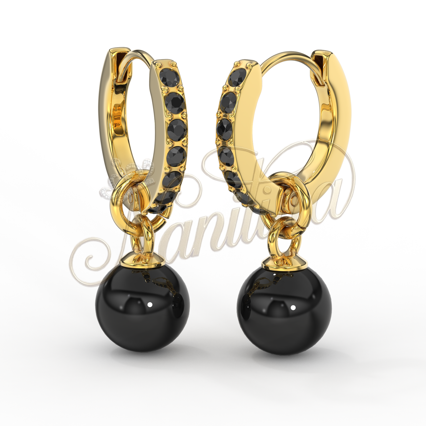 Boucles d'Oreilles Brooklyn Or Perles Noires 12mm - Acier Inoxydable