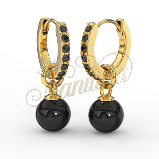 Boucles d'Oreilles Brooklyn Or Perles Noires 12mm - Acier Inoxydable