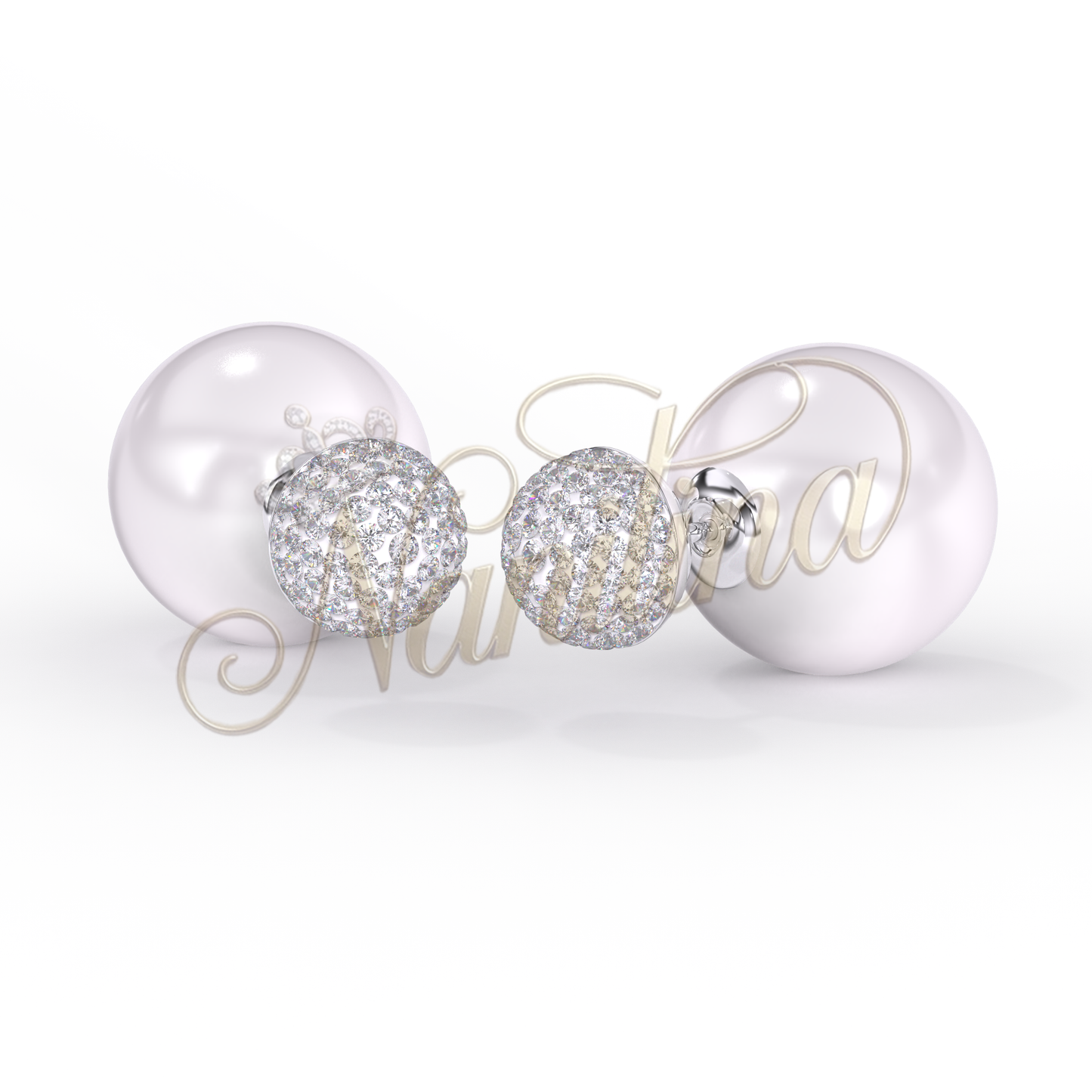 Boucles d'Oreilles Double Boule 8mm/14mm - Perle Blanche Cristal