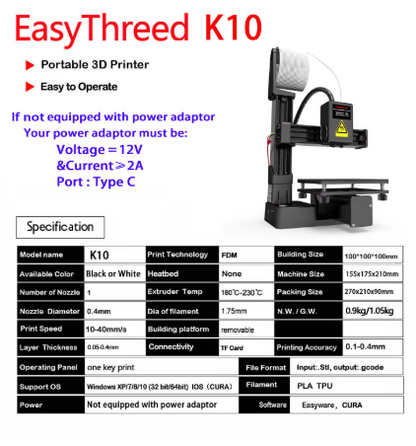 Imprimante 3D EasyThreed — Compatible PLA & TPU, Filament 1,75mm