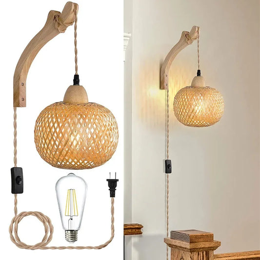 Lampe Murale en Bambou Naturel Style Boho – Rotin Tressé Main