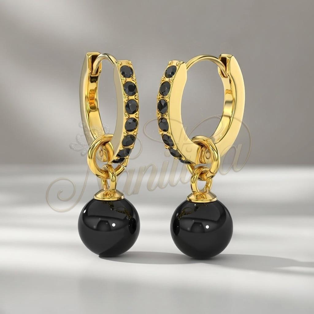 Boucles d'Oreilles Brooklyn Or Perles Noires 12mm - Acier Inoxydable