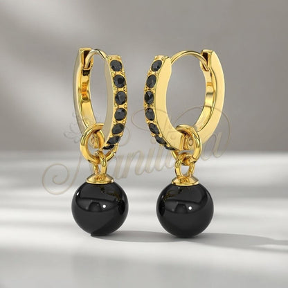 Boucles d'Oreilles Brooklyn Or Perles Noires 12mm - Acier Inoxydable