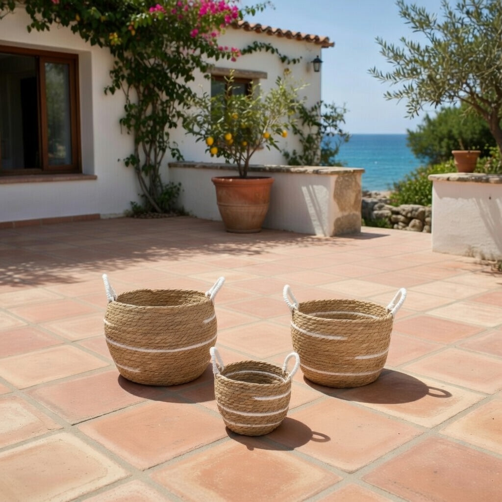 Paniers coton jonc mer rayures naturelles lot 3