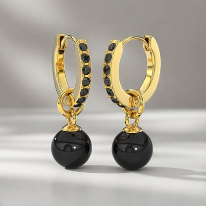 Boucles d'Oreilles Brooklyn Or Perles Noires 12mm - Acier Inoxydable
