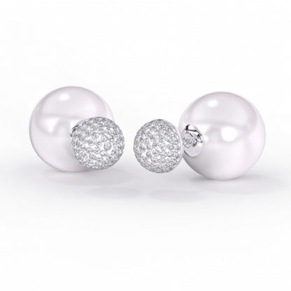Boucles d'Oreilles Double Boule 8mm/14mm - Perle Blanche Cristal